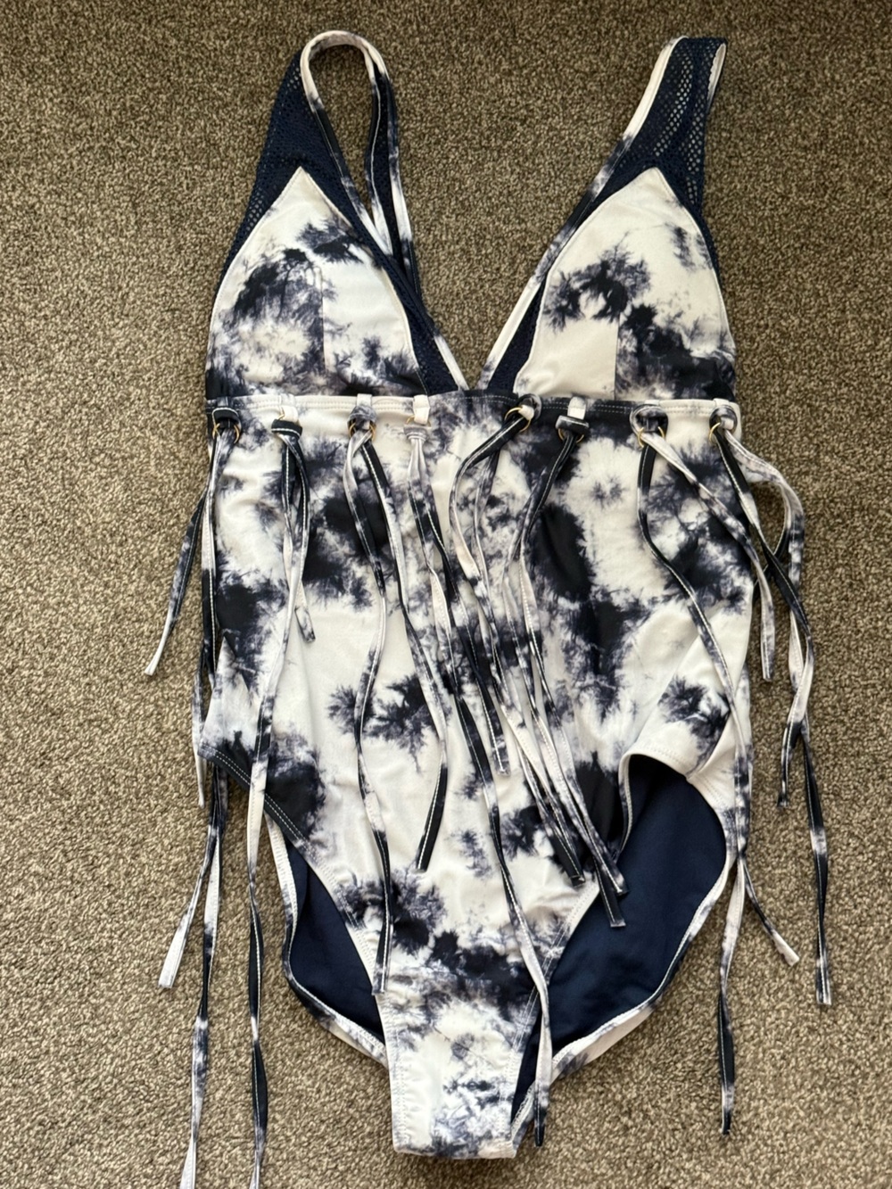 YMI Swimsuit in Navy and White Tie-Dye with Fringe Festival style.
